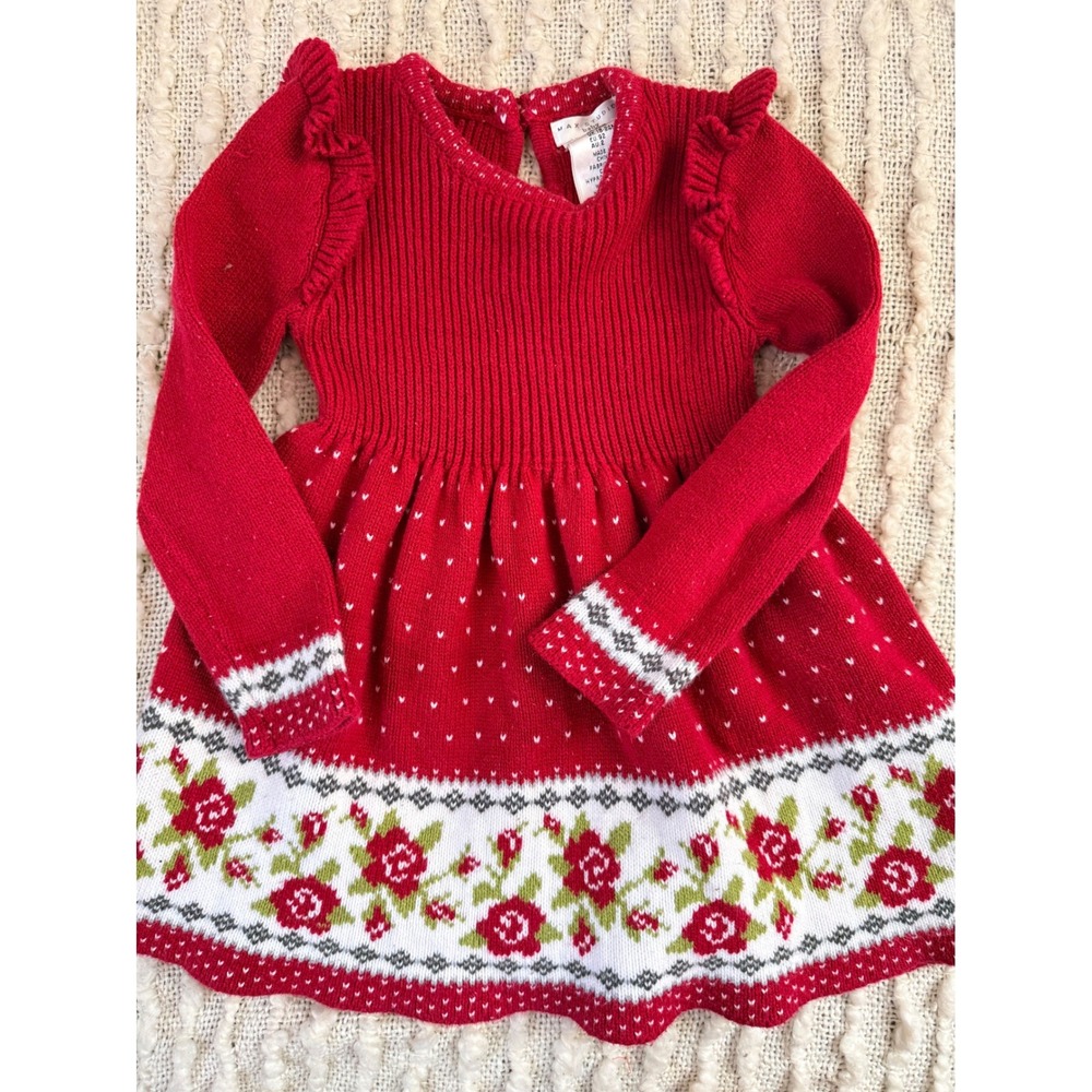 Max Studio Baby Girls Red Rose Fair‎ Isle Knit Sweater Dress 24 Months Holiday